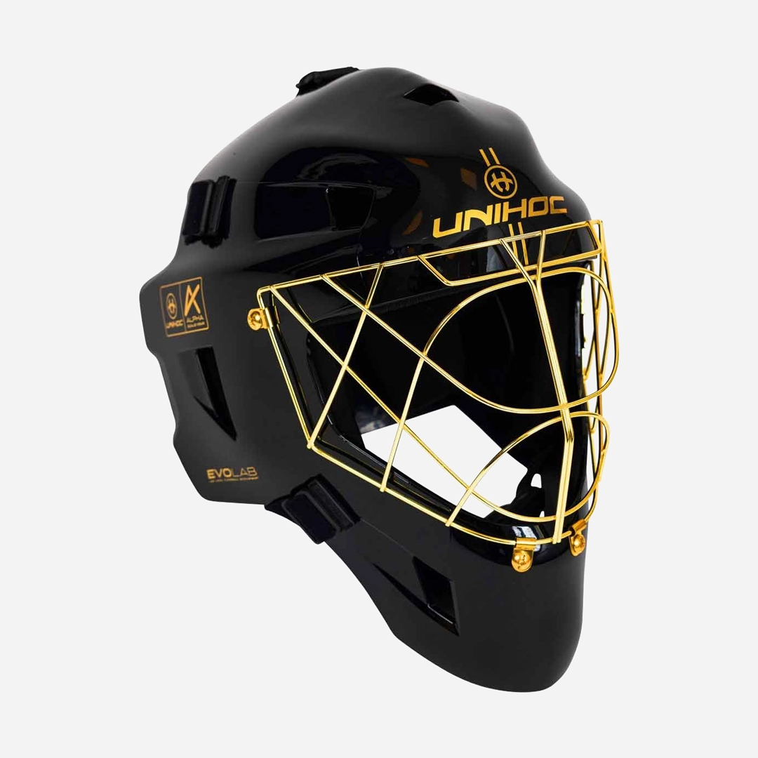 플로어볼 골키퍼 헬멧 - UNIHOC) ALPHA PRIME EVOLAB black/gold | 플로어볼 전문 쇼핑몰 후크몰